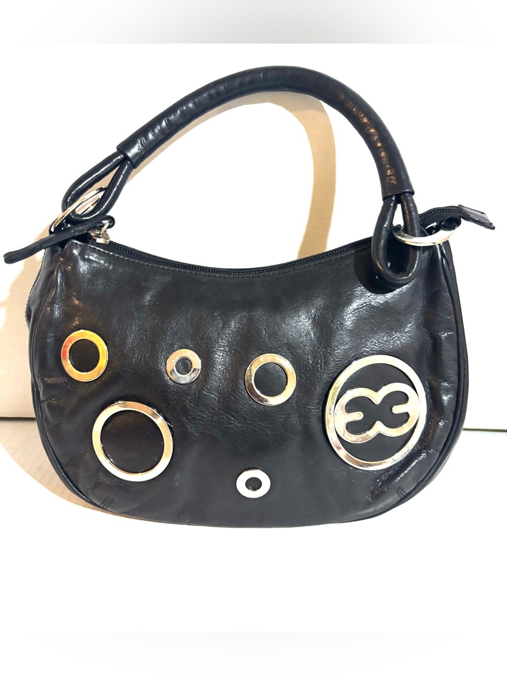 Escada Black Leather Shoulder Bag with Silver-Tone Circle Accents